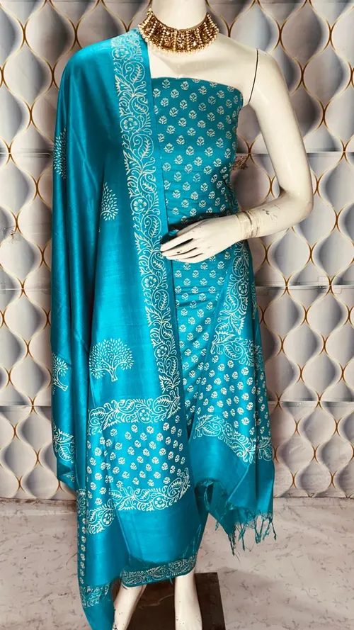 Elegant Hand Block Printed Katan Slub Cotton Suit Set